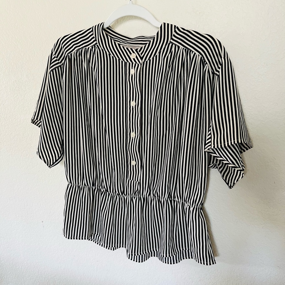 H&M Black and White Striped Peplum Button-Front Blouse